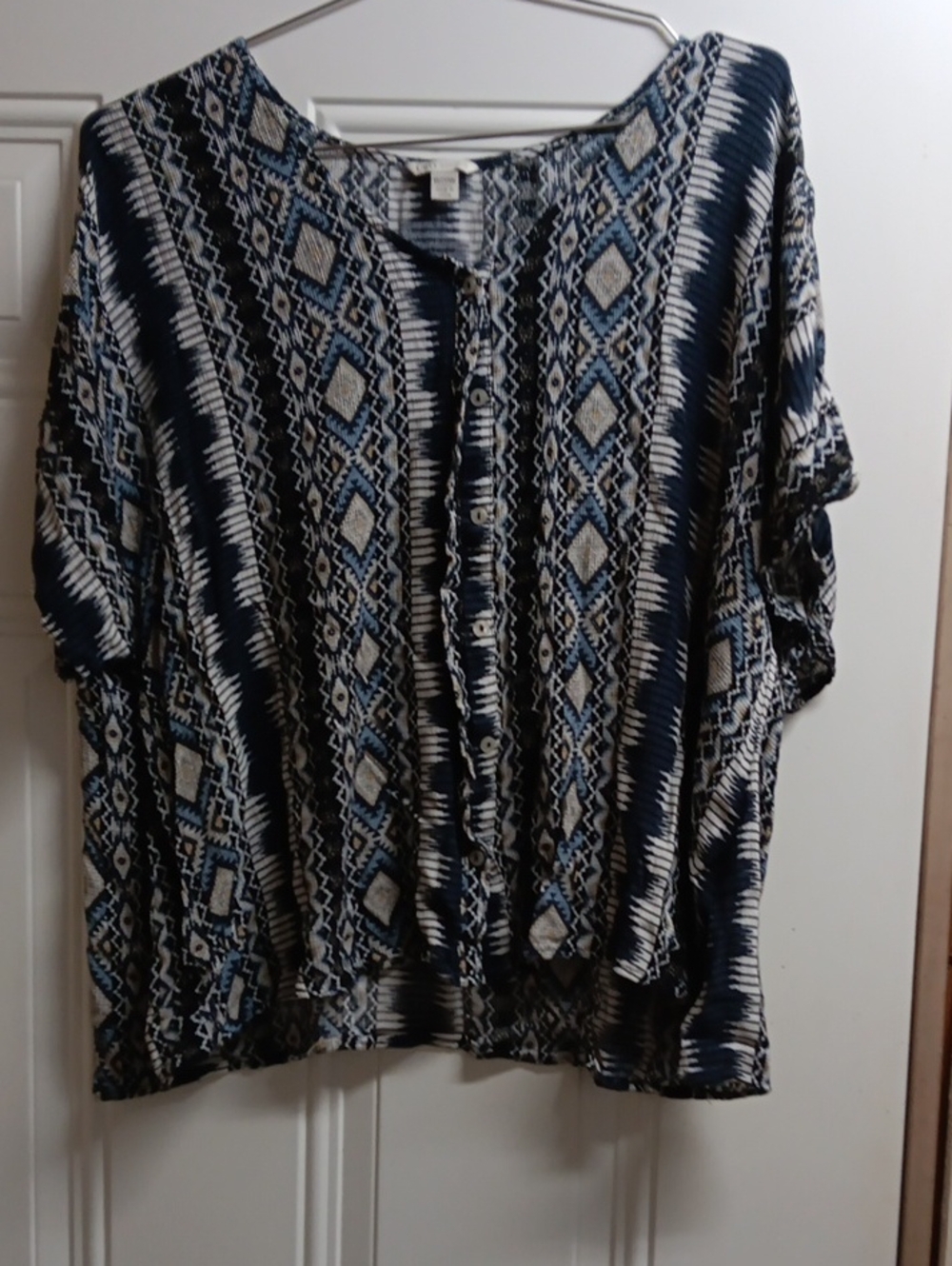 Cato Navy, Cream & Light Blue Aztec Button-Front Top
